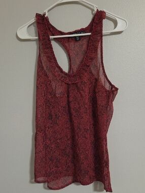 Volcom Pink And Black Patterned Sheer Ruffle-Trim Racerback Tank